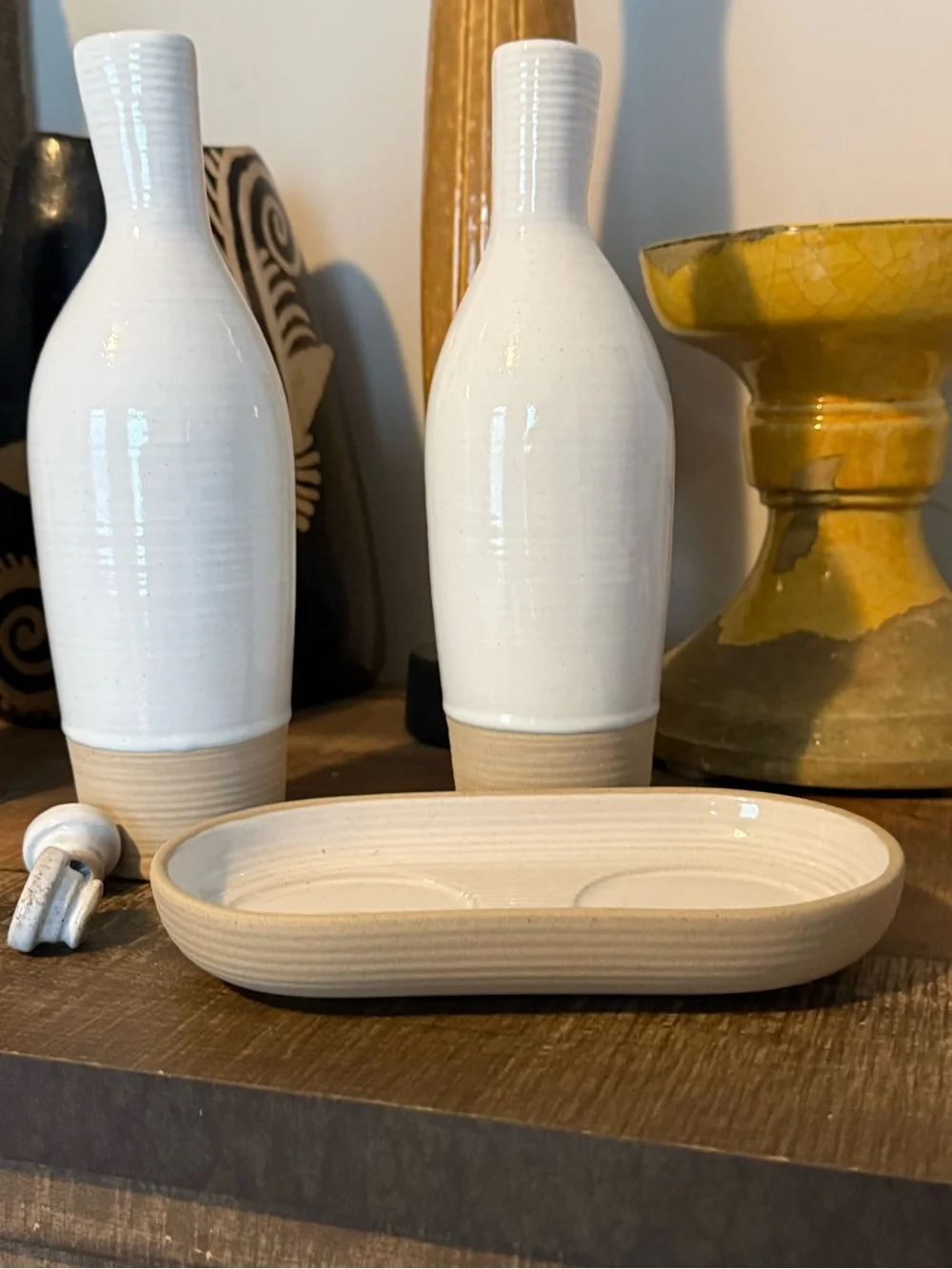 New Quinn Pottery Barn Handcrafted Oil and Vinegar Cruet Service Set, White